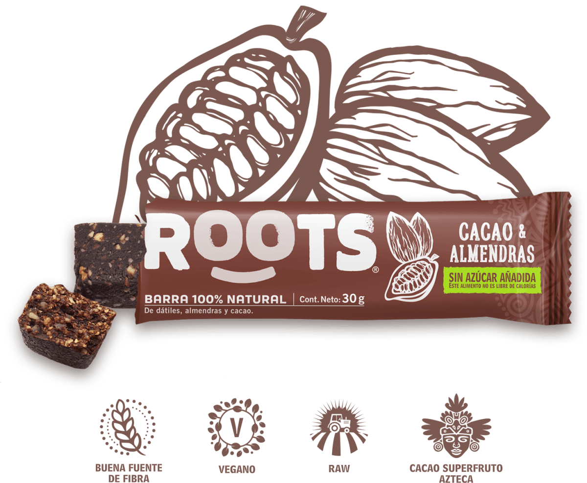 Barra Energética Natural Roots Cacao y Almendras 30g - Sin Azúcar