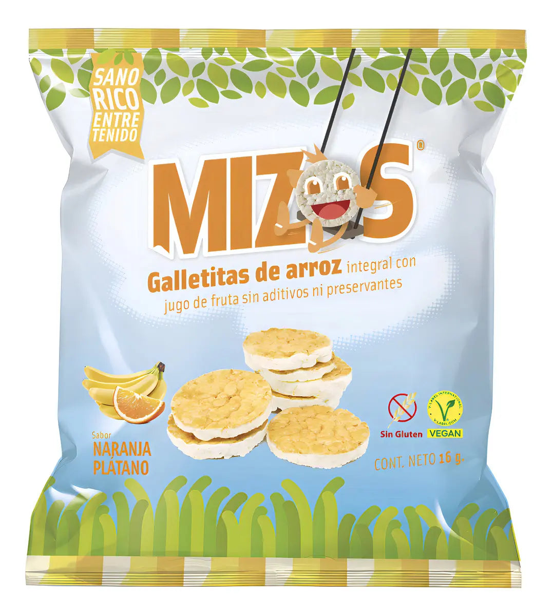 Mini Galletas de Arroz Naranja Plátano Mizos 16g - Sin Sellos