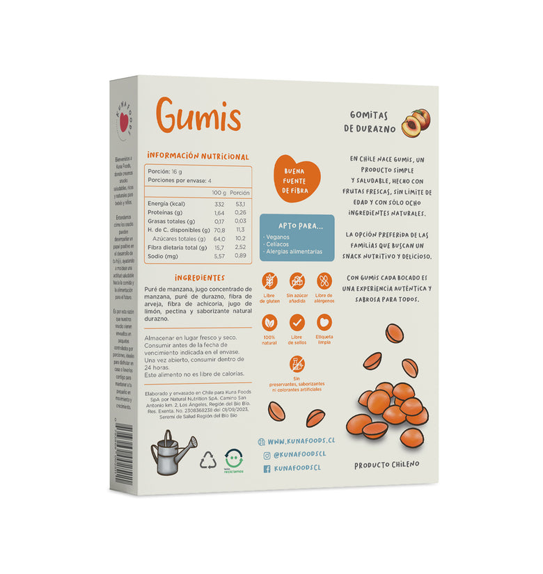 Gomitas de Fruta Gumis Durazno Kuna Foods 16g - Sin Azúcar